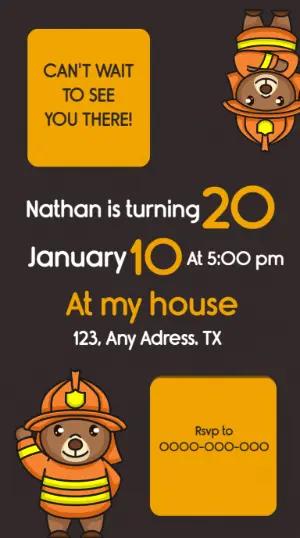 Firefighter Bear Birthday Invitation Editable Template