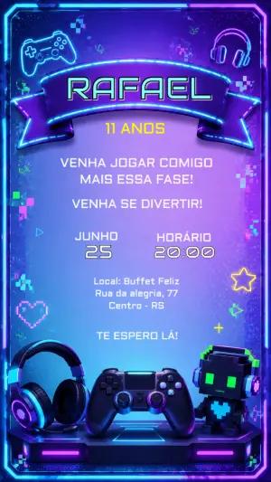 Convite de Aniversário Videogame Neon Azul para Editar