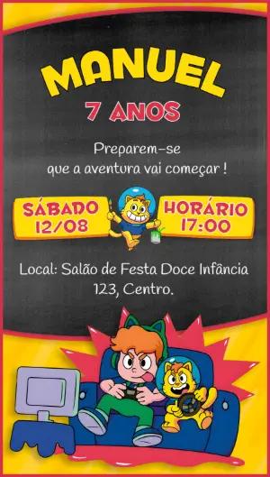 Convite Aniversário Gamer Gato Galáctico para Editar Online