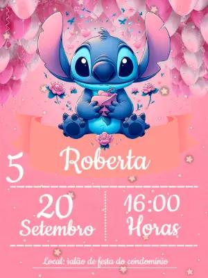 Convite de Aniversário Stitch Rosa com Balões para Editar