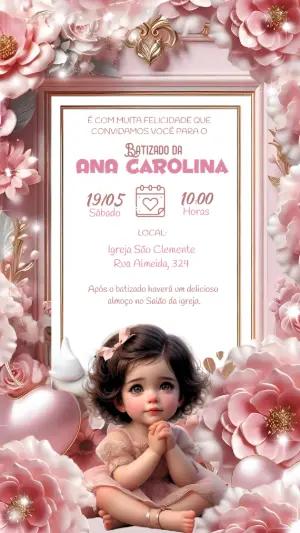 Convite de Batizado Menina Floral para Editar Online