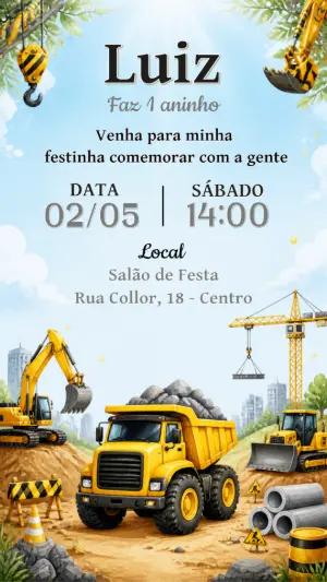 Convite Aniversário Construção Editável com Tratores