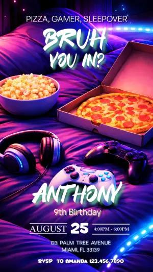 Gamer Sleepover Birthday Invitation | Neon Editable Template
