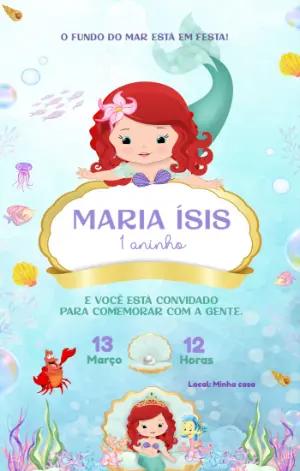 Convite Aniversário Pequena Sereia Ariel para Editar Online
