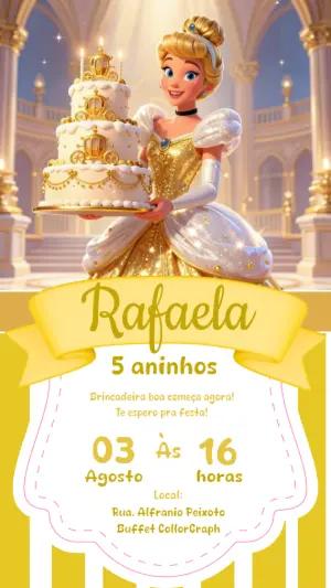 Convite de Aniversário Cinderela Dourada Cinderela Editável