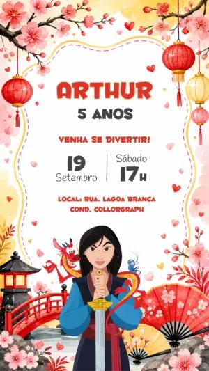 Convite de Aniversário Mulan Digital para Editar