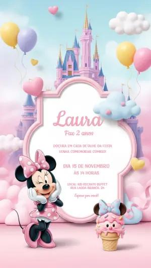 Convite de Aniversário Minnie Rosa e Castelo para Editar Online