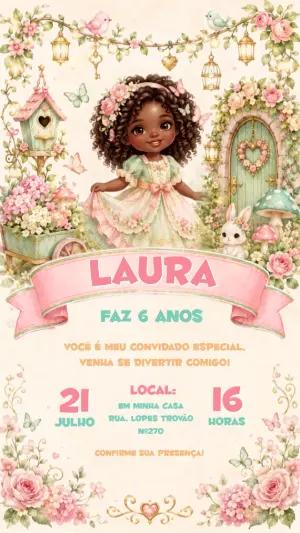 Convite Aniversário Jardim Encantado Menina Negra Editável