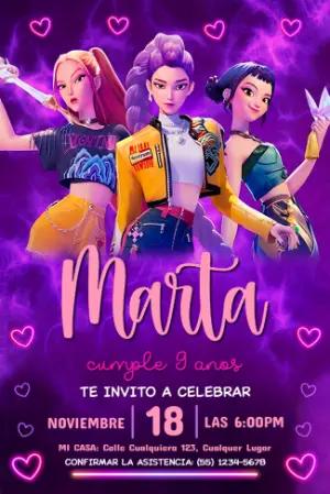 Invitación de Cumpleaños Las Guerreras K-Pop Editable