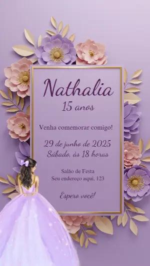 Convite de 15 Anos Lilás Floral com Princesa para Editar Online