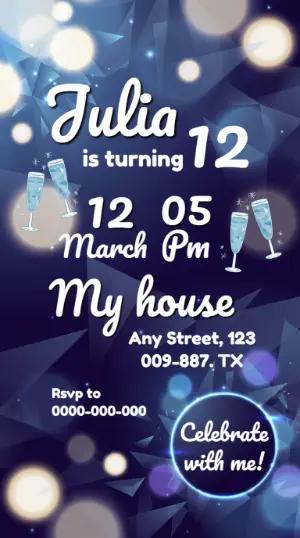 Elegant Blue Sparkle Birthday Invitation Editable Template