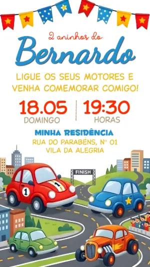 Convite de Aniversário Carros de Corrida Colorido para Editar
