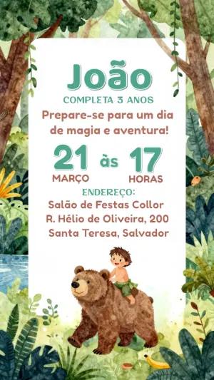 Convite Digital Aniversário Tema Selva e Urso Editável