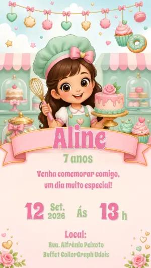 Convite de Aniversário Doceria Confeiteira Editável para Menina