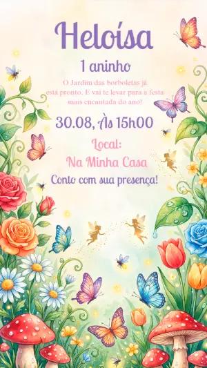 Convite Jardim das Borboletas Aniversário Infantil Editável