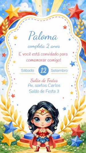 Convite de Aniversário Mulher-Maravilha Fofa para Editar Online