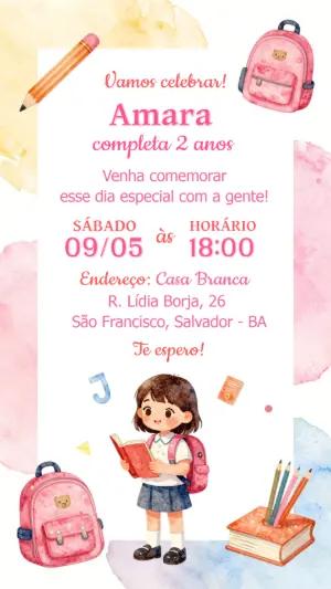 Convite de Aniversário Infantil Tema Escolar Aquarela Editável