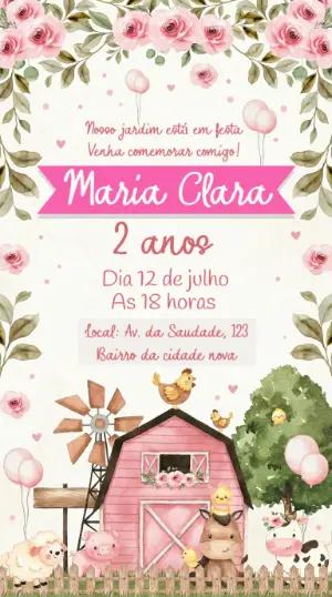 Convite de Aniversário Fazendinha Rosa Floral Editável