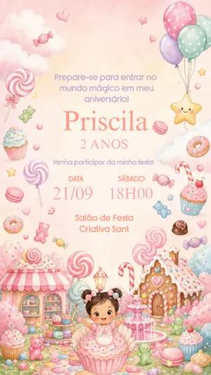 Convite de Aniversário Infantil Mundo dos Doces Editável