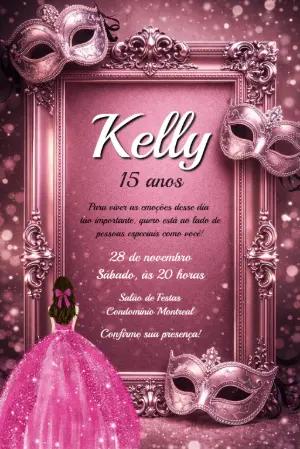 Convite 15 Anos Baile de Máscaras Rosa Glitter para Editar