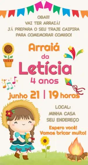 Convite de Aniversário Arraiá Infantil Menina para Editar