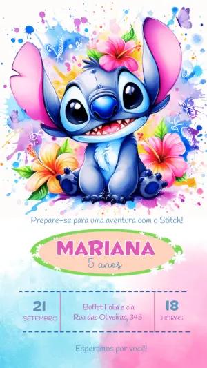 Convite Digital Stitch Aquarela para Aniversário Infantil Editável