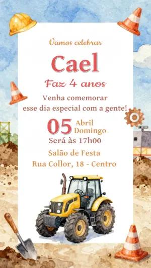 Convite Digital Infantil Tema Construção para Editar Online