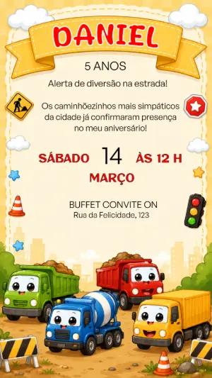 Convite de Aniversário Tema Caminhões e Construção Editável