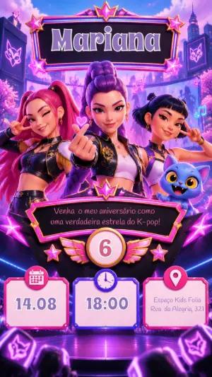 Convite de Aniversário Guerreiras do Kpop Neon Editável