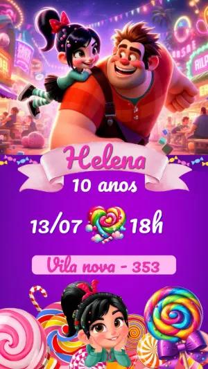 Convite de Aniversário Detona Ralph e Vanellope Editável