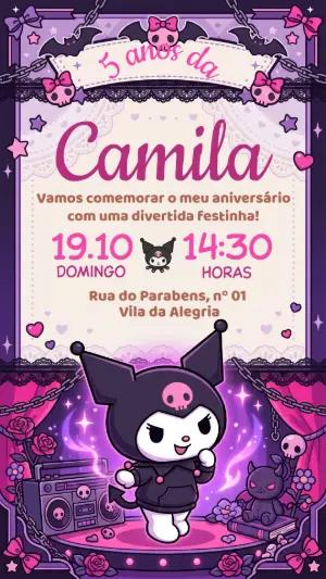 Convite de Aniversário Kuromi Roxo e Rosa para Editar