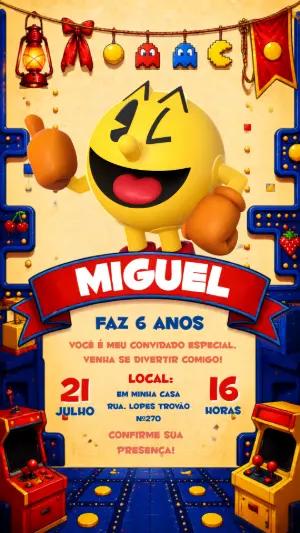 Convite de Aniversário Pac-Man Retrô Modelo Editável