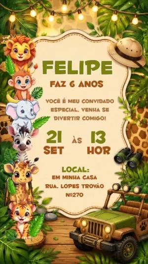 Convite Digital Aniversário Safari com Animais Fofos Editável