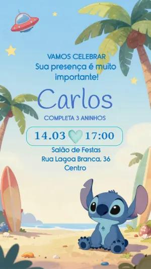 Convite de Aniversário Stitch na Praia Modelo Editável
