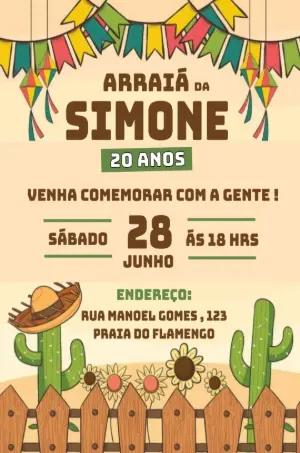 Convite Aniversário Festa Junina com Cactos para Editar Online