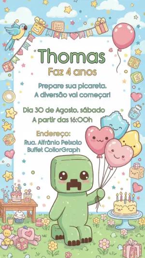 Convite de Aniversário Minecraft Fofo para Editar Online