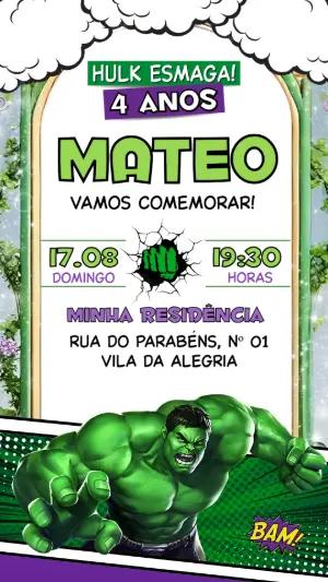 Convite de Aniversário do Hulk Editável para Festa Infantil