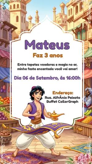 Convite Aniversário Aladdim e Tapete Mágico Editável Online