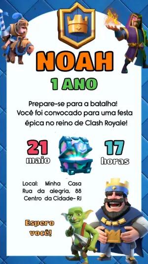 Convite de Aniversário Clash Royale Editável para Menino