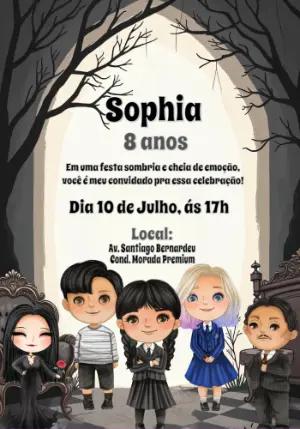 Convite de Aniversário Wandinha Addams com Personagens para Editar