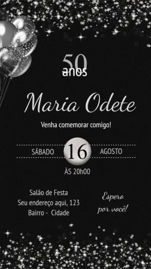 Convite Elegante 50 anos Preto com Glitter para Editar
