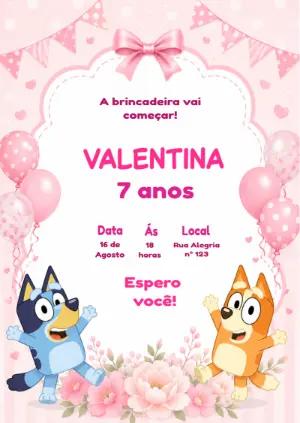 Convite de Aniversário Bluey e Bingo Rosa Editável