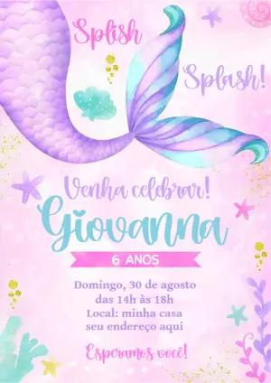 Convite de Aniversário Sereia Editável para Personalizar