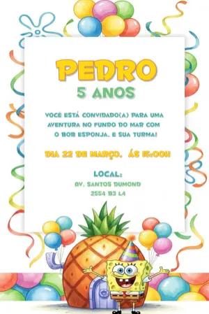 Convite Aniversário Bob Esponja Editável para Imprimir
