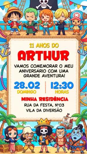 Convite de Aniversário One Piece Infantil para Editar