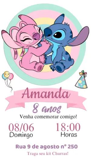 Convite de Aniversário Stitch e Angel para Editar Online