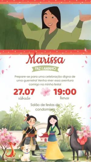Convite Animado Aniversário Mulan para Editar e Enviar
