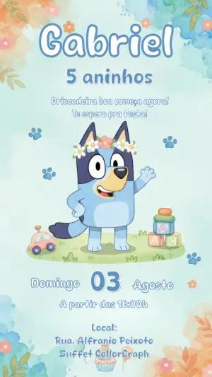 Convite Aniversário Infantil Bluey Aquarela Editável