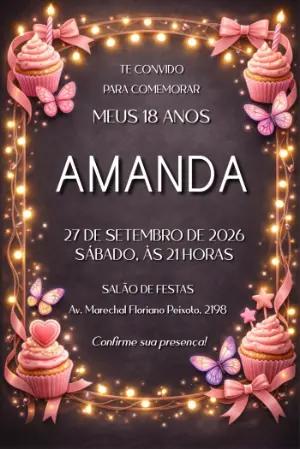 Convite de 18 Anos Rosa com Luzes e Cupcakes Editável