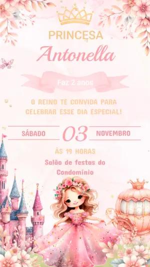 Convite de Aniversário Princesa Rosa Aquarela Editável